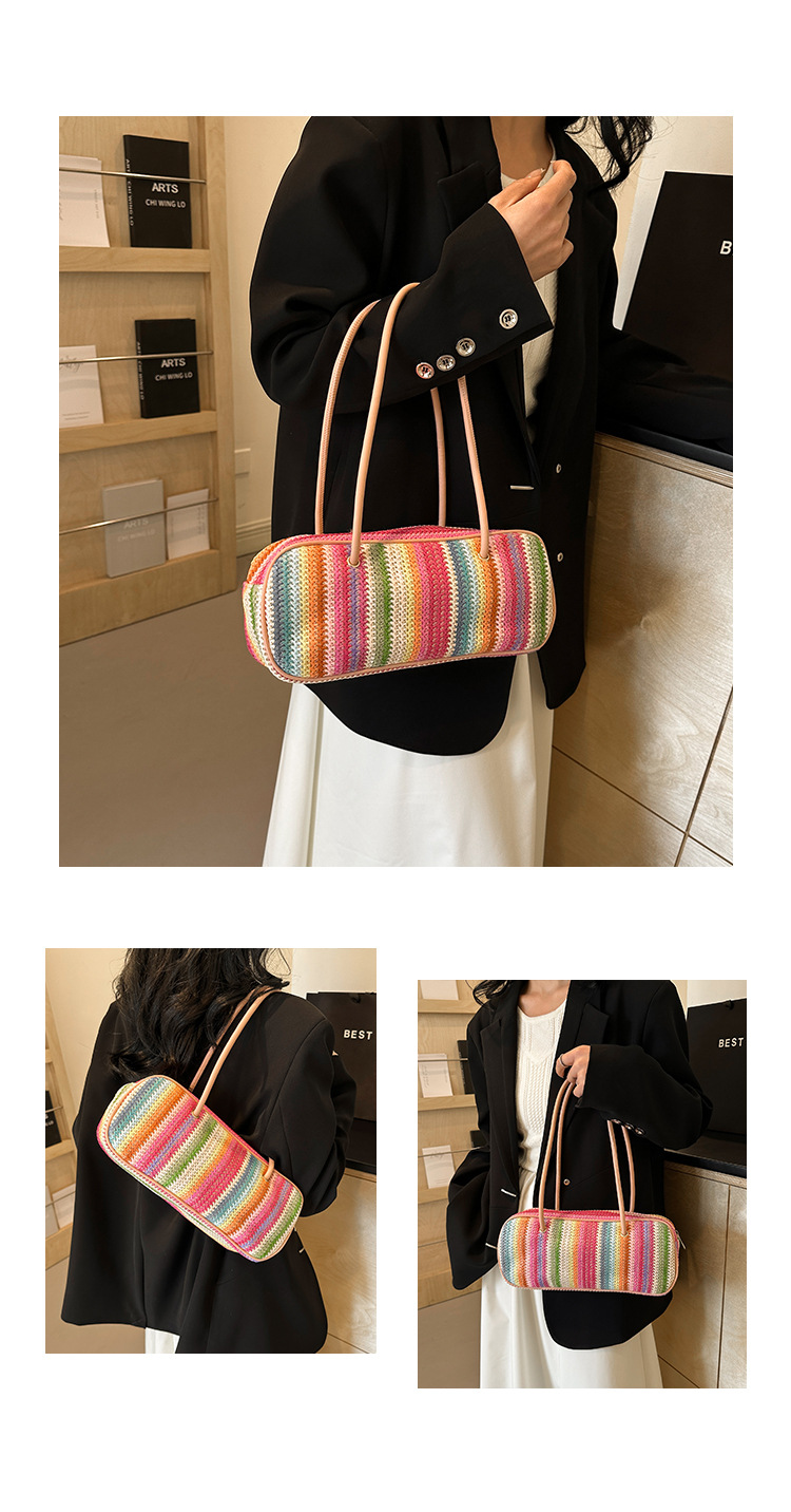 Women's Medium Straw Rainbow Vacation Classic Style Weave Oval Zipper Straw Bag display picture 3