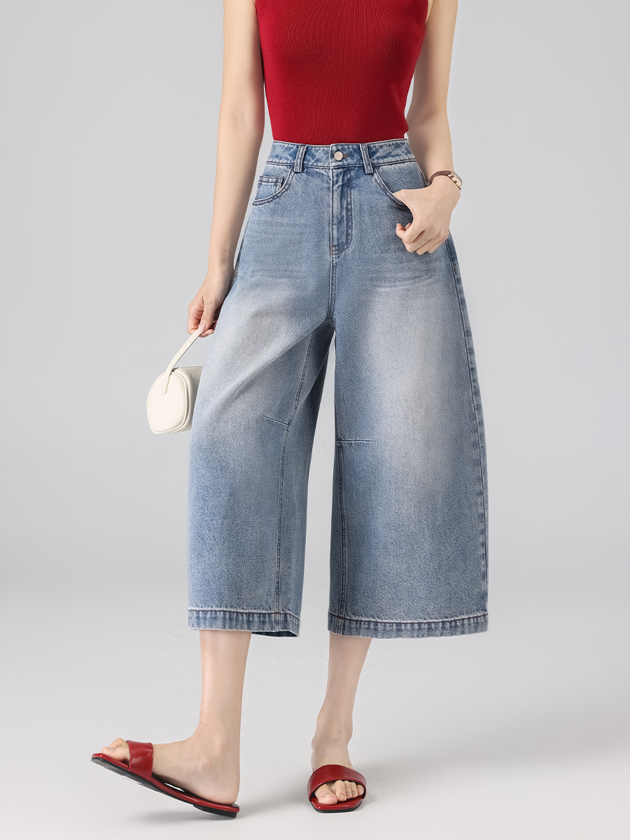 Quần jean nữ ống rộng cạp cao phong cách Mỹ retro, dáng suông rộng che khuyết điểm, dài 7–8 phân — màu xanh nhạt