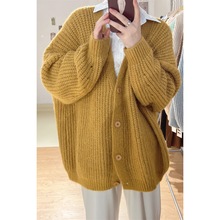 韩国粗针毛衣外套学院v领长袖针织开衫纯色休闲气质宽松披肩外搭