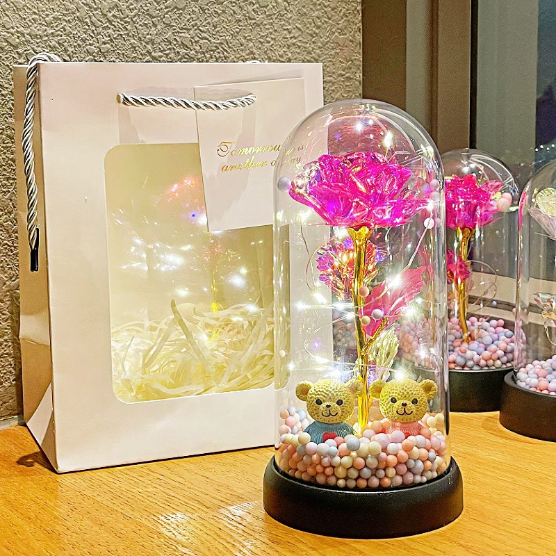 Transfronterizos brillantes rosas doradas lámparas de noche simulación ramo de flores eterno decoración de escritorio adornos regalos de cumpleaños