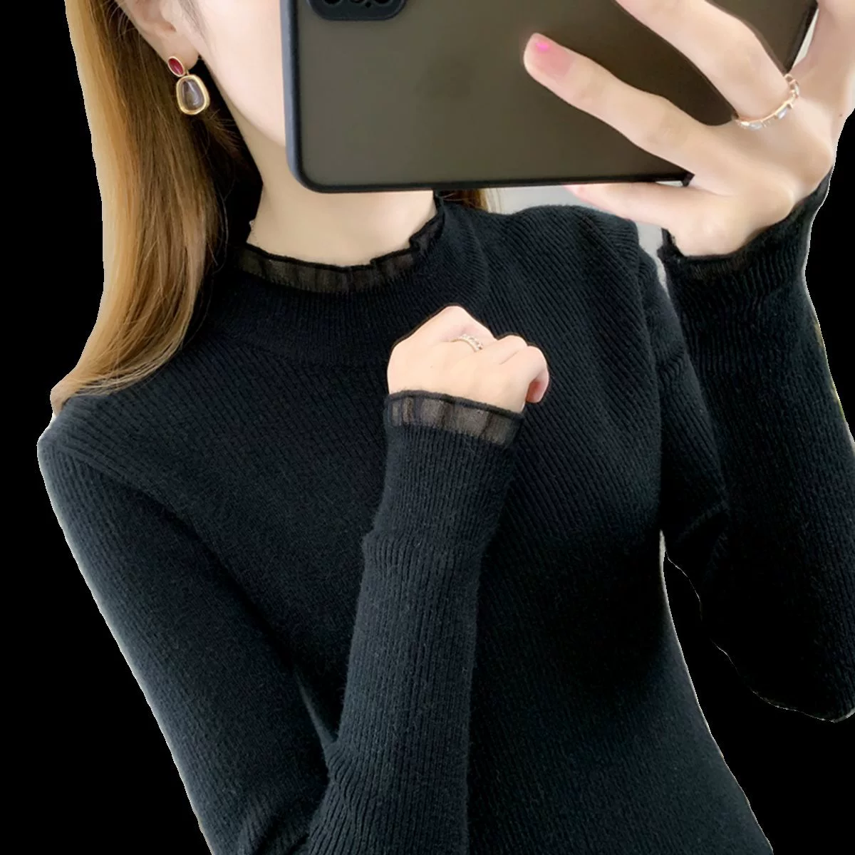 Woolen lace silk body-friendly sweater, high collar