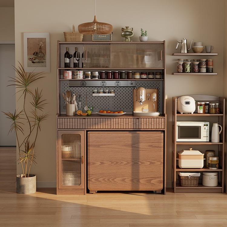 Solid Wood Sideboard Dining Table Integrated Living Room Wall High Cabinet Storage Cabinet Restaurant with Folding Dining Table Cabinet Wine Cabinet