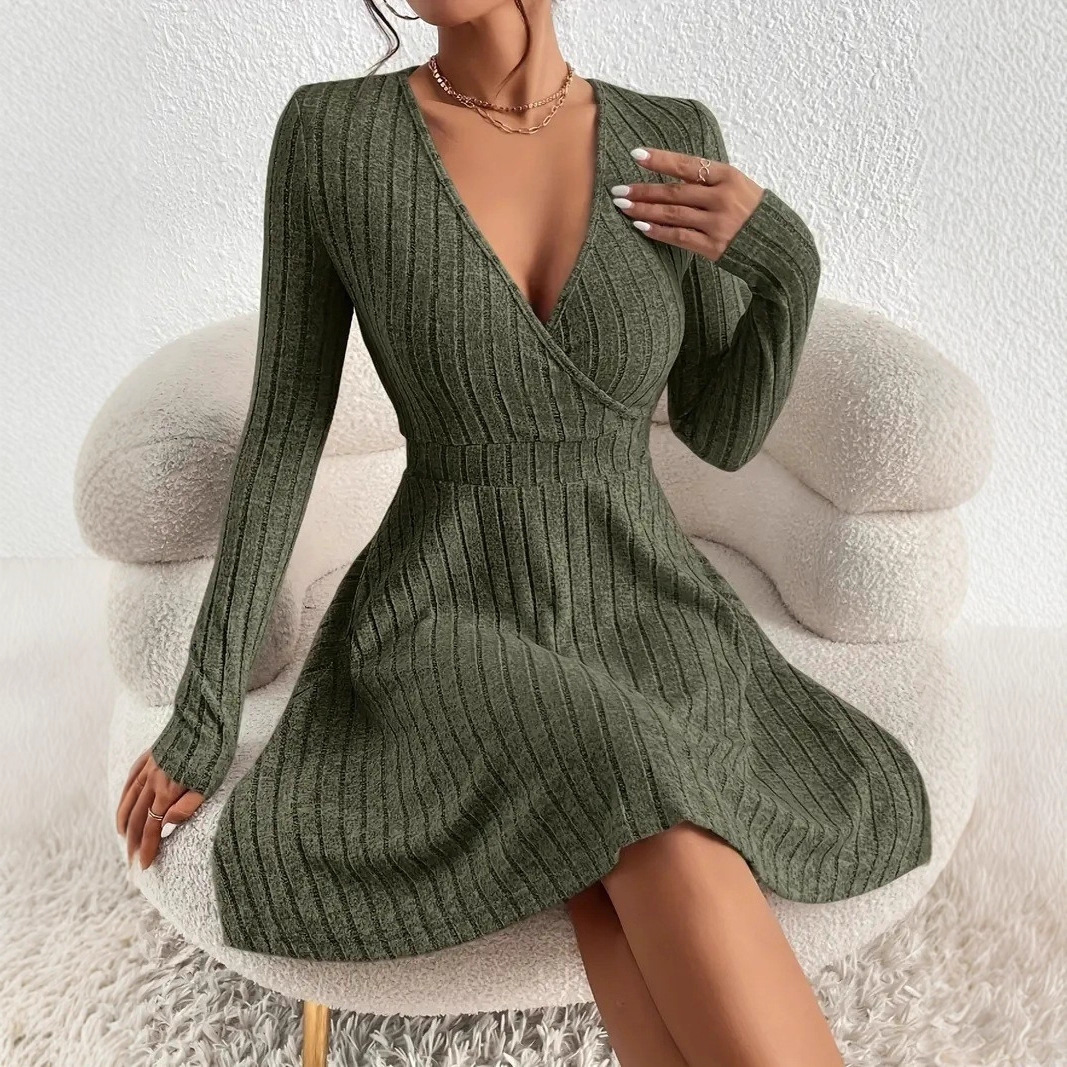 亚马逊跨境欧美外贸女装坑条长袖v领收腰时尚休闲连衣裙