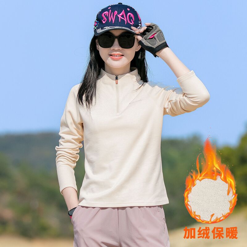 Outdoor Stand-Collar Fleece Jacket for Women, Autumn and Winter Thickened Thermal Pullover, Warm Mountaineering Clothing, Running Base Layer Sports Shirt