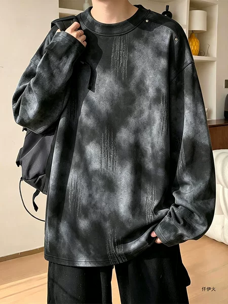Pullover youth top, round-neck sweatshirt for men, heavy tie-dye, autumn loose fit, studded American retro trendy brand jacket
