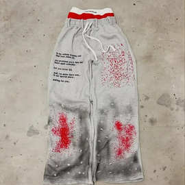 跨境2025新款流行假两件阔腿裤喷绘系列青少年情侣嘻哈双层裤子批