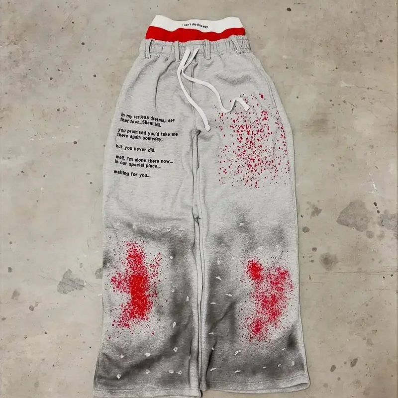 Cross-Border 2025 New Trendy Fake Two-Piece Wide-Leg Pants Spray-Painted Series for Teenagers and Couples Hip-Hop Double-Layer Pants Wholesale