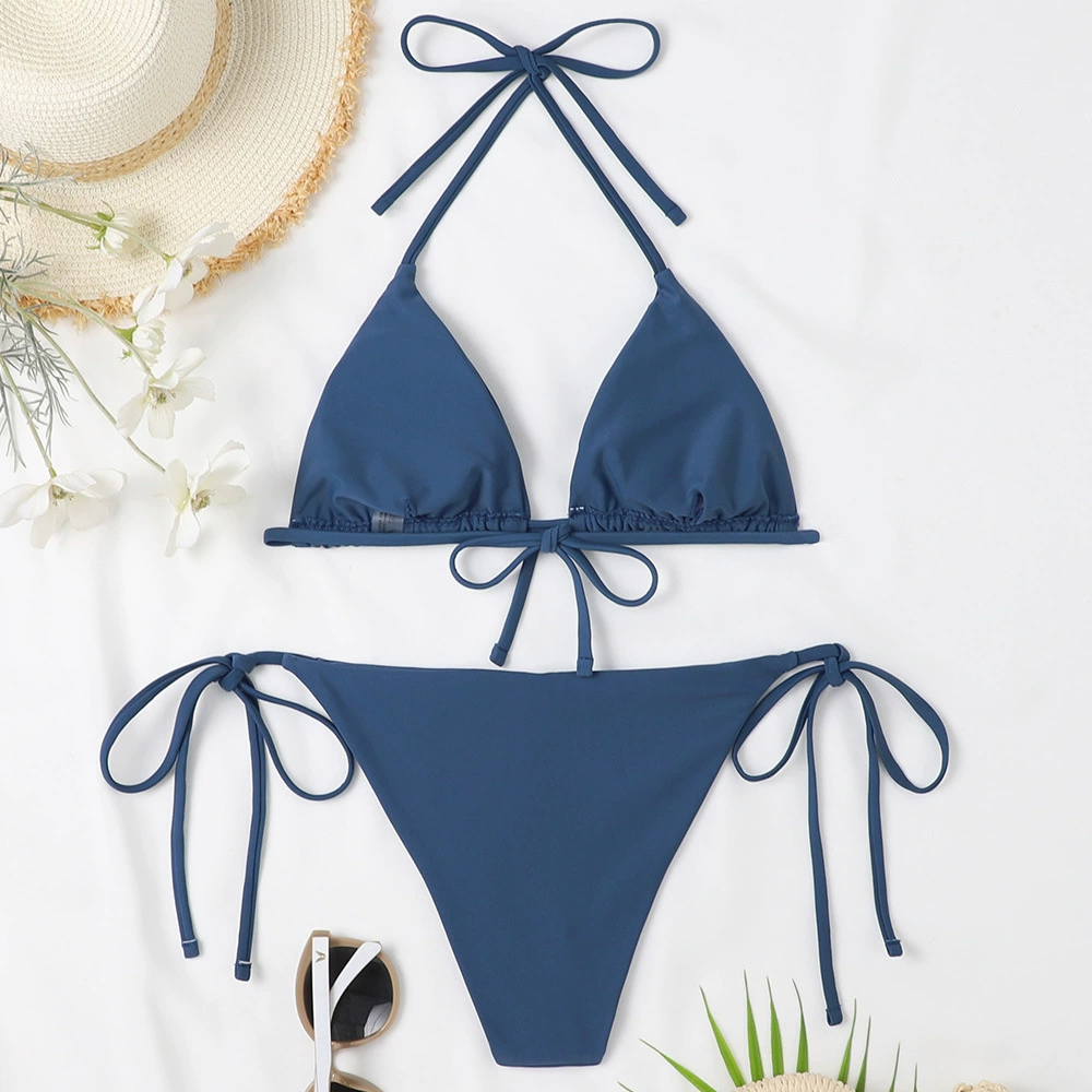 Women's Nylon Bikini Set, Split Top with Cups, Backless Tie, Sizes XS–XL