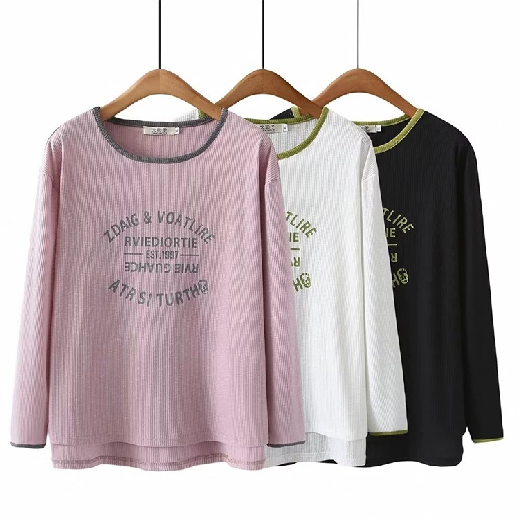 Весна 2024 Новая рубашка больших размеров с длинными рукавами, модная футболка для похудения с круглым вырезом и принтом, Удлиненная рубашка 4028