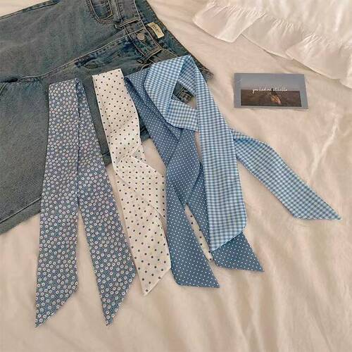 Spring and Summer Korean Style Blue Polka Dot Silk Scarf Versatile Long Striped Hair Tying Bag with Fringe Cute Multifunctional Small Ribbon