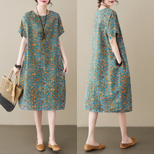 宽松棉麻连衣裙女春夏装新款大码中长款碎花短袖裙子气质遮肚子潮