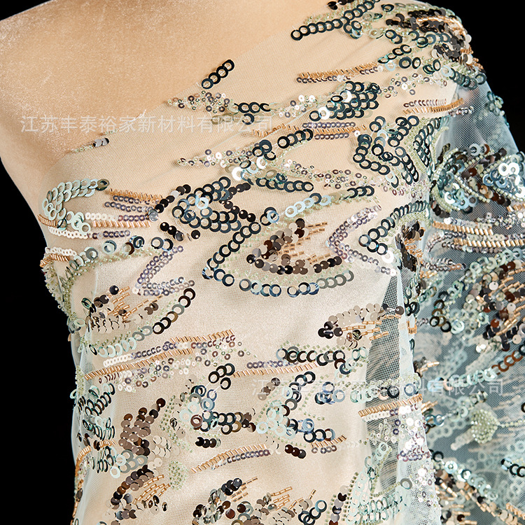Nuevo azul de alta calidad sequinilla cuentas de clavos de malla tridimensional tela bordada cuentas de tela de alta gama