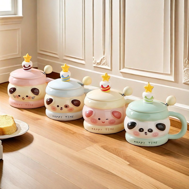 Taza de cerámica con diseño de animales, estilo kawaii, ideal como regalo para chicas, taza de desayuno o café creativa