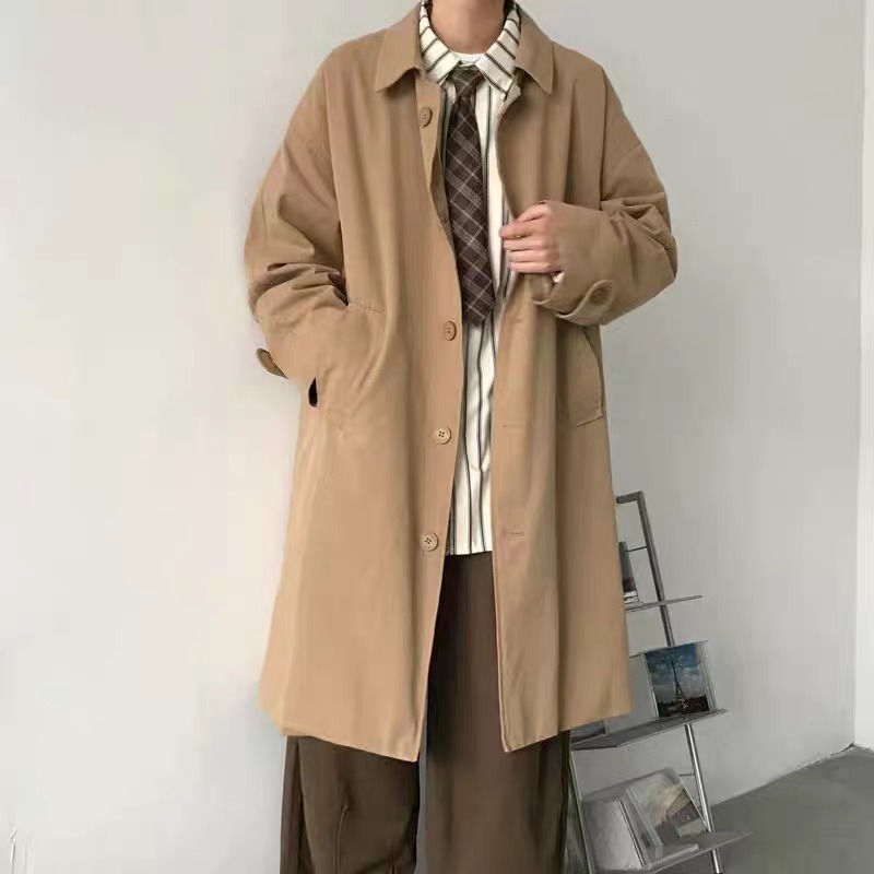 GOKIGA韩版风衣男中长款春季百搭简约休闲复古落肩宽松外套GQ330