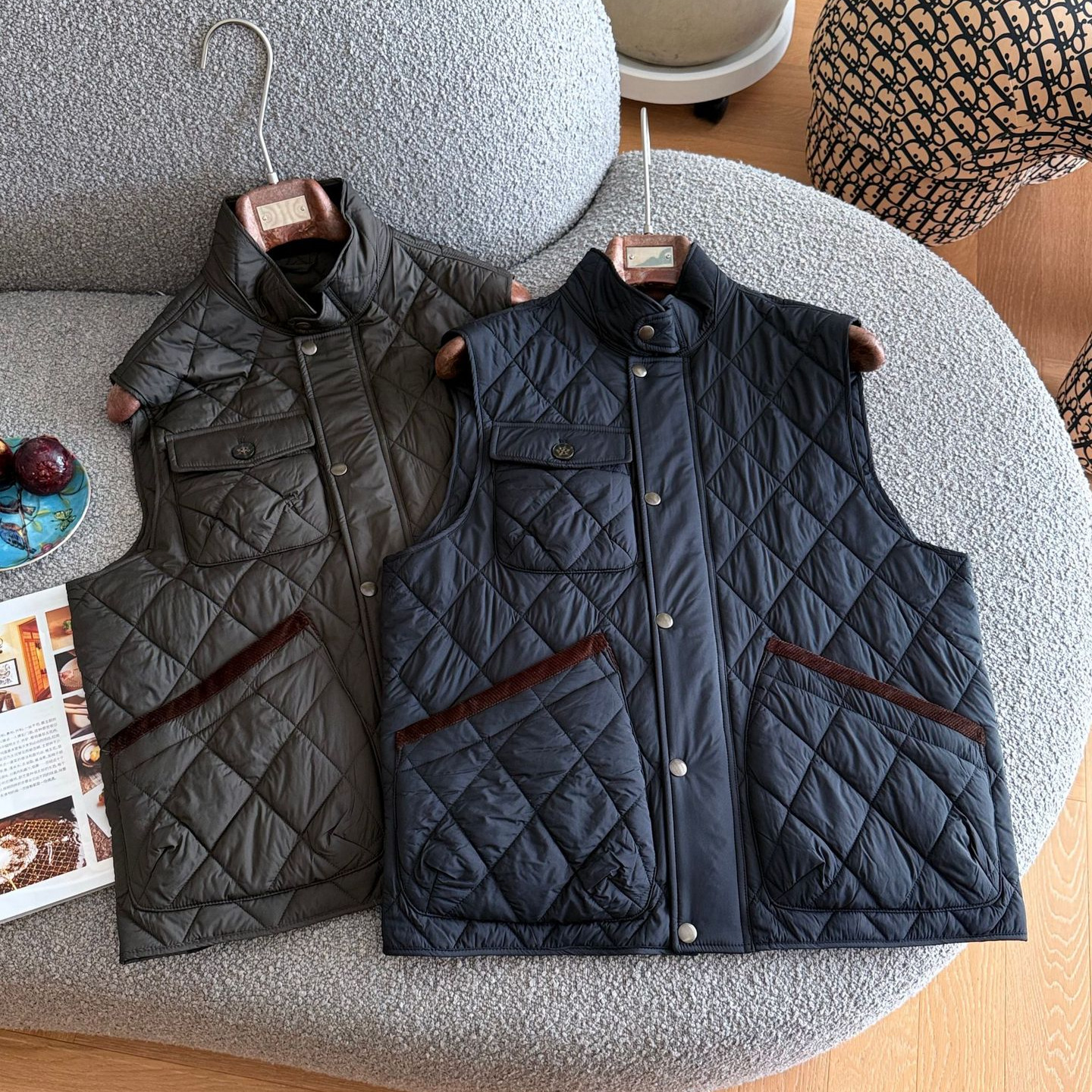 Noble Old Money Style Elite Item: Double-sided Diamond Quilted Wool Cotton Filled Vintage Stand Collar Cotton Vest Jacket