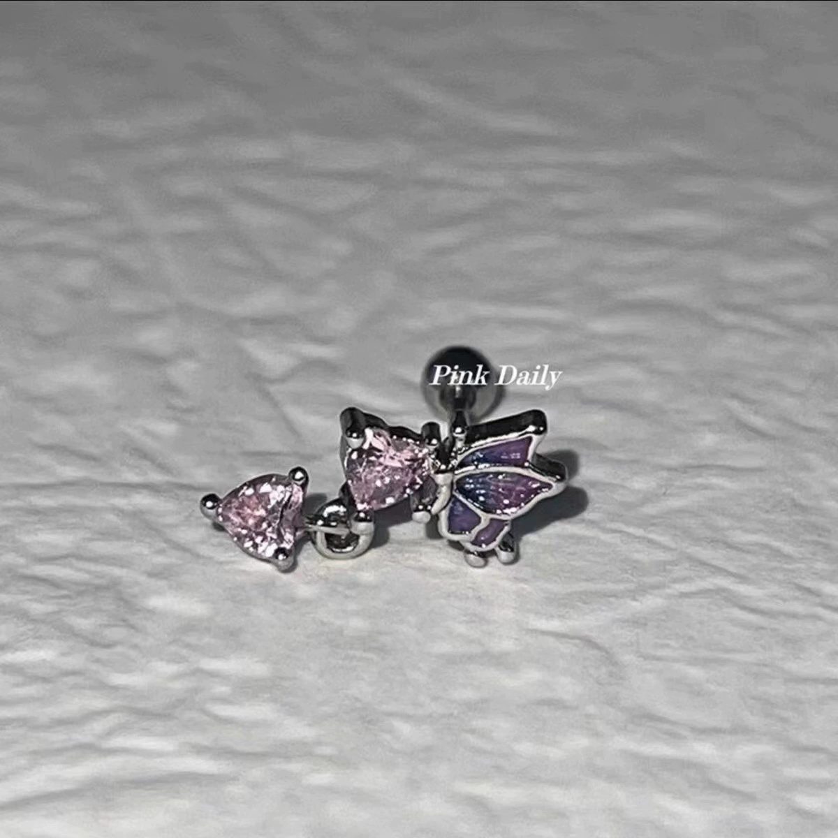 Серьги винтовые Pink Daily, титановая сталь, розовое опаловое сердце, бабочка и «кошачий глаз»