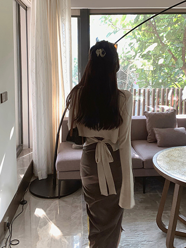 松软细腻喇叭袖后绑带羊毛针织女长袖开衫上衣外套秋季纯色|undefined