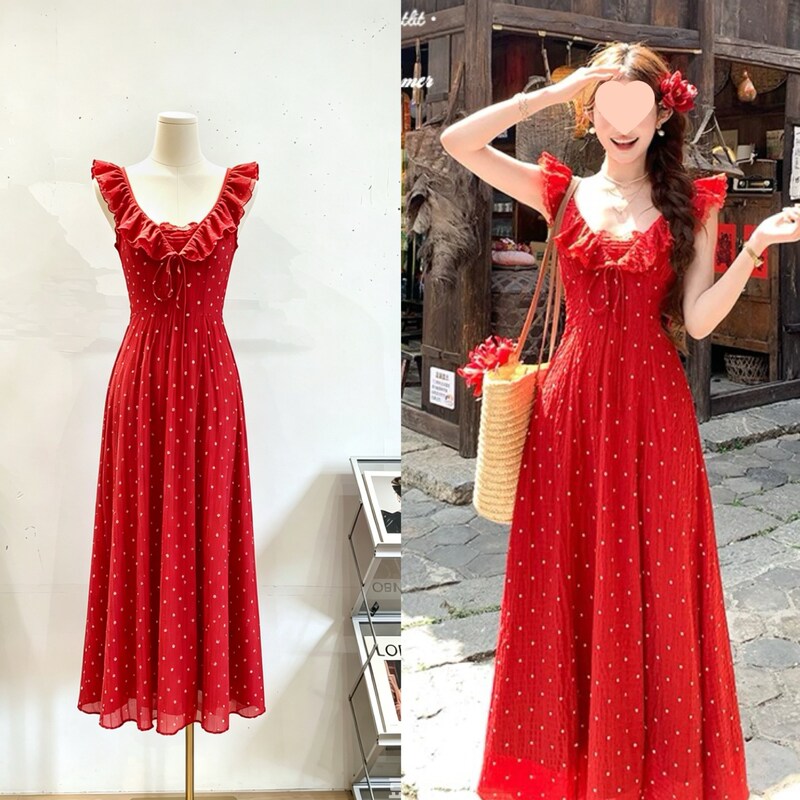 Acaine428 2000 5% off Style Red Pomegranate Light Polka Dot Ruffle Strap Dress Acaine428 2000 5% off Style Red Pomegranate Light Polka Dot Ruffle Strap Dress