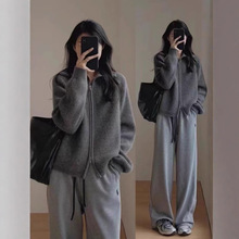 秋高翻领100羊毛衫长袖双拉链外搭开衫女纯色元宝针羊绒外套上衣