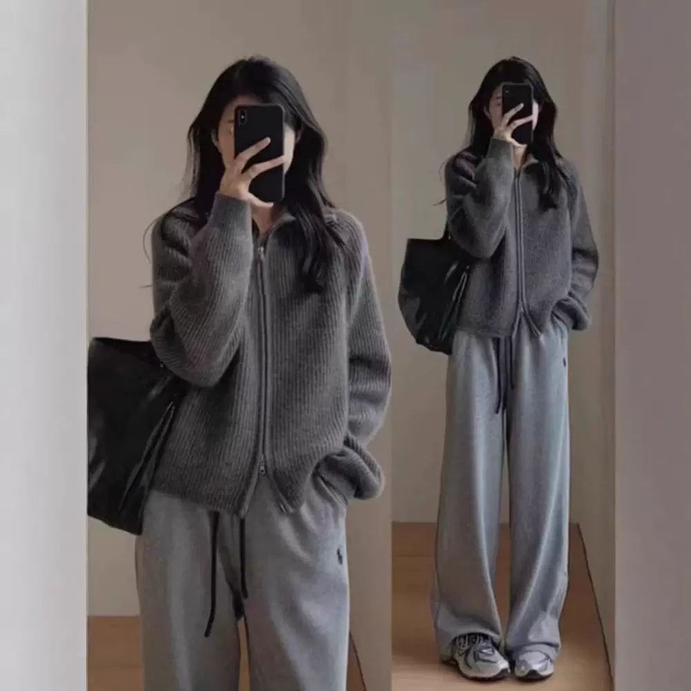 秋高翻领100羊毛衫长袖双拉链外搭开衫女纯色元宝针羊绒外套上衣