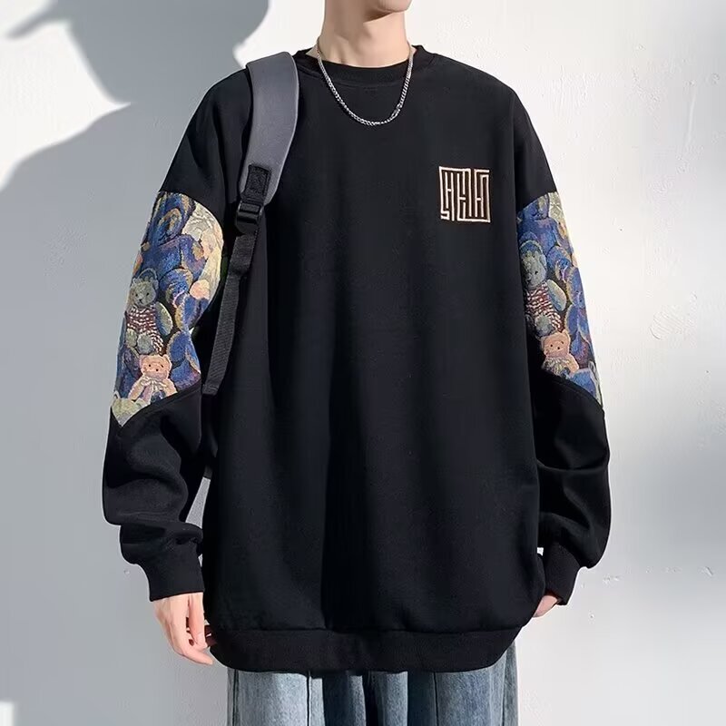 Bear Splicing Loose Large Size Hooded Round Neck Sweatshirt Men's Spring and Autum Trendyy Retro Sweatshirt with Inner Clothes Bear Splicing Loose Large Size Hooded Round Neck Sweatshirt Men's Spring and Autum Trendyy Retro Sweatshirt with Inner Clothes