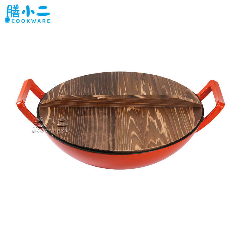 エナメル鍋36cm炒め鍋鋳鉄エナメル厚手両耳炒め鍋木蓋付きcast ronwok pan|undefined