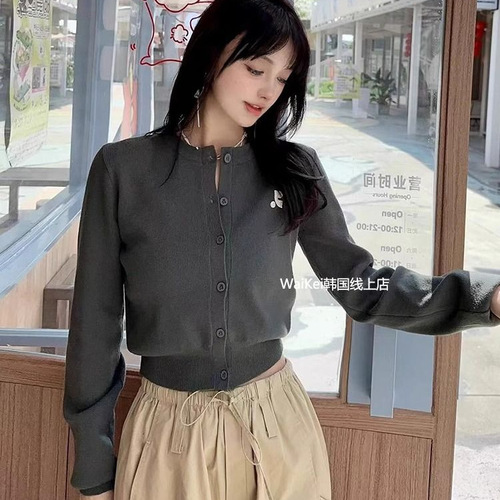 Spring Korea Dongdaemun RR Embroidered Small Logo Short Sleeve Solid Color Waistcoat Knit Cardigan for Women