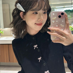 蝴蝶结黑色针织开衫外套女春秋2025新款韩系慵懒风内搭毛衣打底衫