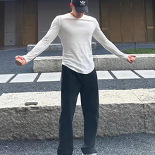 美式健身螺纹速干t恤男下摆开叉修身长袖褶皱肌理感内搭打底衫潮