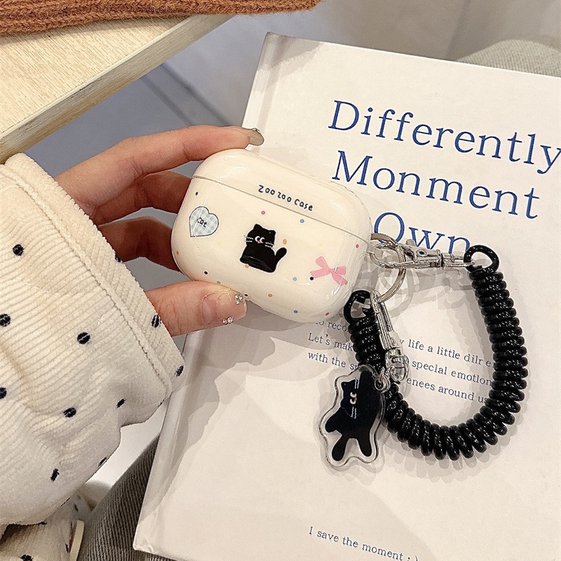 卡通波點小黑貓適用蘋果AirPods保護套AirPodsPro耳機2022新無線