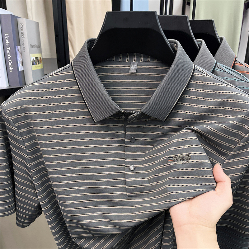 Summer New Men's Ice Silk Polo Shirt Short-Sleeved Lapel Striped Breathable Business Casual Quick-Drying T-Shirt Men's Top Summer New Men's Ice Silk Polo Shirt Short-Sleeved Lapel Striped Breathable Business Casual Quick-Drying T-Shirt Men's Top