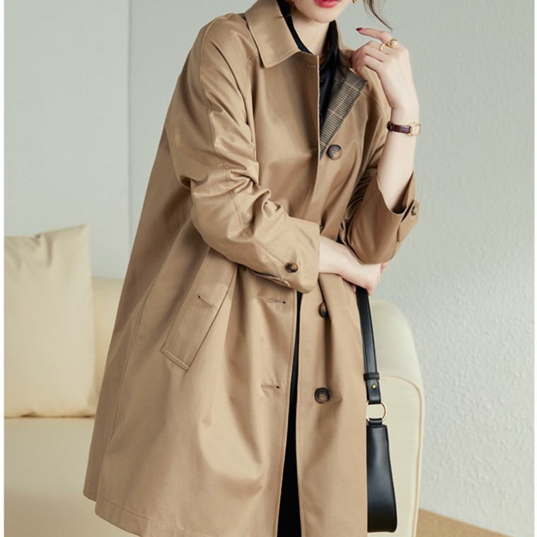 Foreign Trade Khaki Trench Coat for Women, Mid-Length, Spring and Autumn 2026 New Style, Plaid Color-Blocking, Korean Version, Versatile British Style Jacket