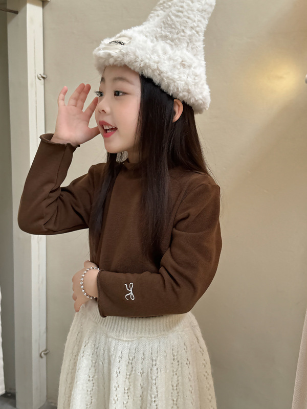 2025秋季新款童装 女童木耳边打底衫儿童刺绣蝴蝶结花边上衣磨毛|undefined