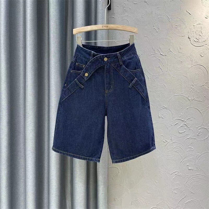 2024 Summer new dark blue high waist design sense Denim fifth pants women's loose slimming wide leg straight pants 2024 Summer new dark blue high waist design sense Denim fifth pants women's loose slimming wide leg straight pants