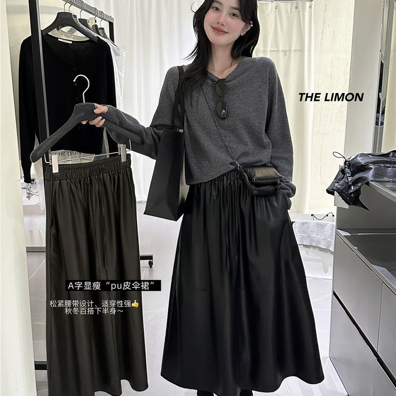 the limon柠檬绿茶2025秋季新款复古松紧腰PU皮半身裙女中长款裙|undefined