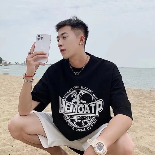 Pure cotton short-sleeved T-shirt for men  summer Hong Kong style ins trendy brand teenagers handsome loose five-point half-sleeved T-shirt