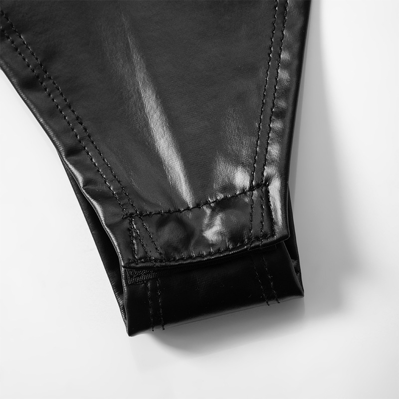 Prospettiva elastica attillata T-shirt a maniche lunghe con maglietta a maniche lunghe in pelle PU patchwork sexy_voghion.com