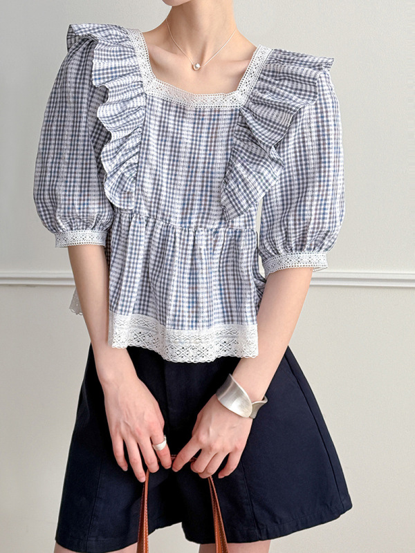 Juzhi 福祉モデル 返品交換不可～女性用スリムスクエアカラーフレンチレースフリルシャツ 23070|undefined