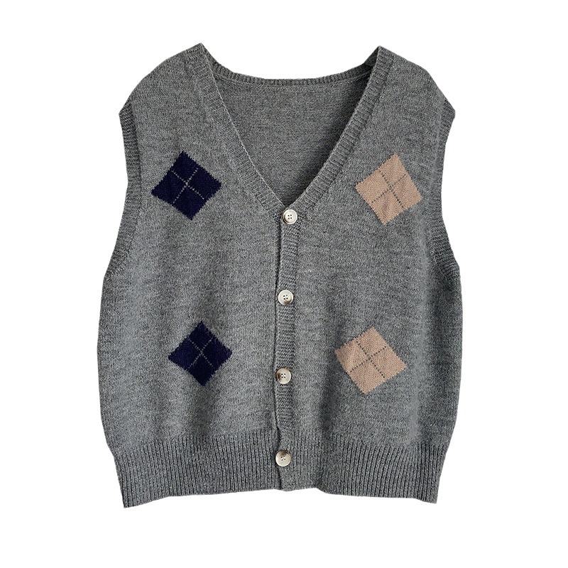 2023 otoño e invierno nuevo japonés retro diamante Plaid contraste color cuello en V suéter chaleco exterior chaleco cardigan de punto para las mujeres