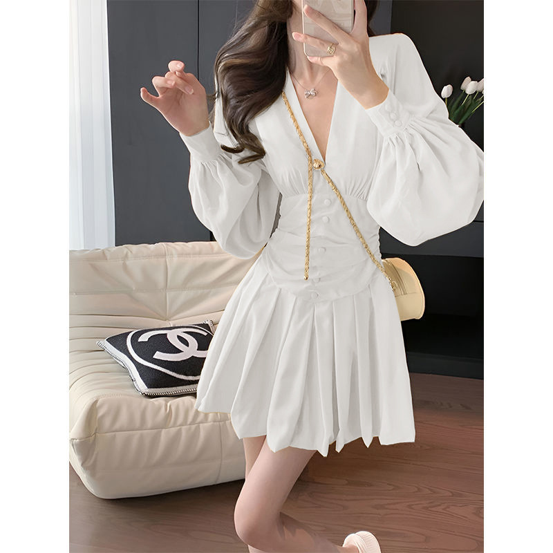 Women's Chiffon V-Neck Lantern Sleeve Mini Dress