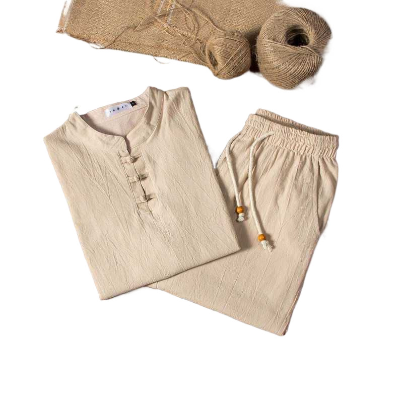 Linen suit Men's Long-sleeved Trousers Spring and Autumn Men's Middle-aged and Elderly Dad Casual plus size Summer Cotton and Linen Two-piece Set
