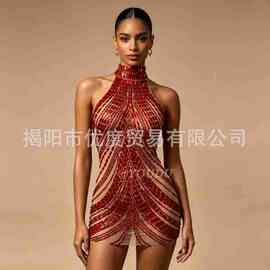 欧美性感透肤网纱闪耀水钻修身短裙酒会派对礼服时装秀演出长日圆