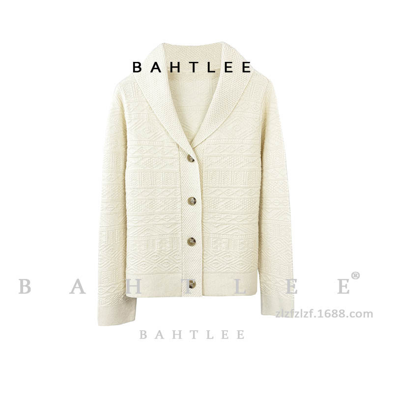 Autumn and Winter British Style Basalan Wool Heavy Jacquard Retro Cardigan Knitted Banana Collar Sweater