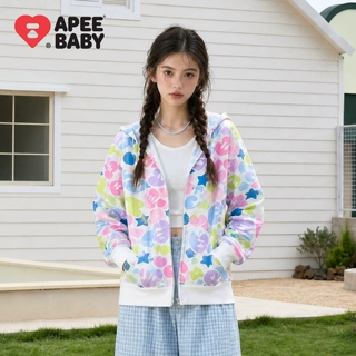 2026新款 彩色短款连帽卫衣女拉链开衫爱心满印宽松小个子休闲上