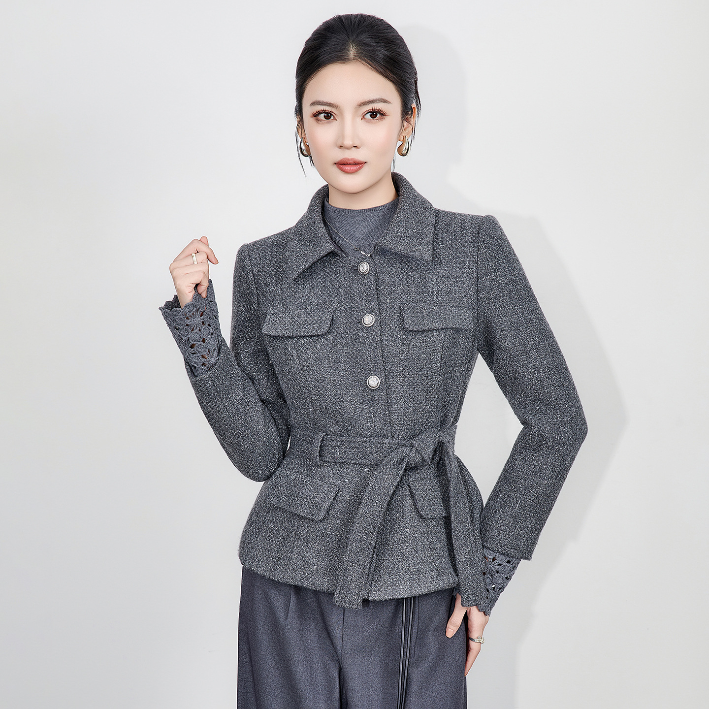 2516406-Nanyou High-Quality Waist-Cinching Shirt-Style Tweed Belted Jacket for Women, New Autumn and Winter Top