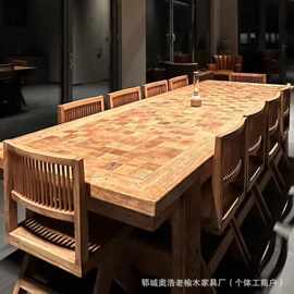 老榆木复古拼花长桌客厅实木简易餐桌民宿禅意长方形喝茶桌茶几