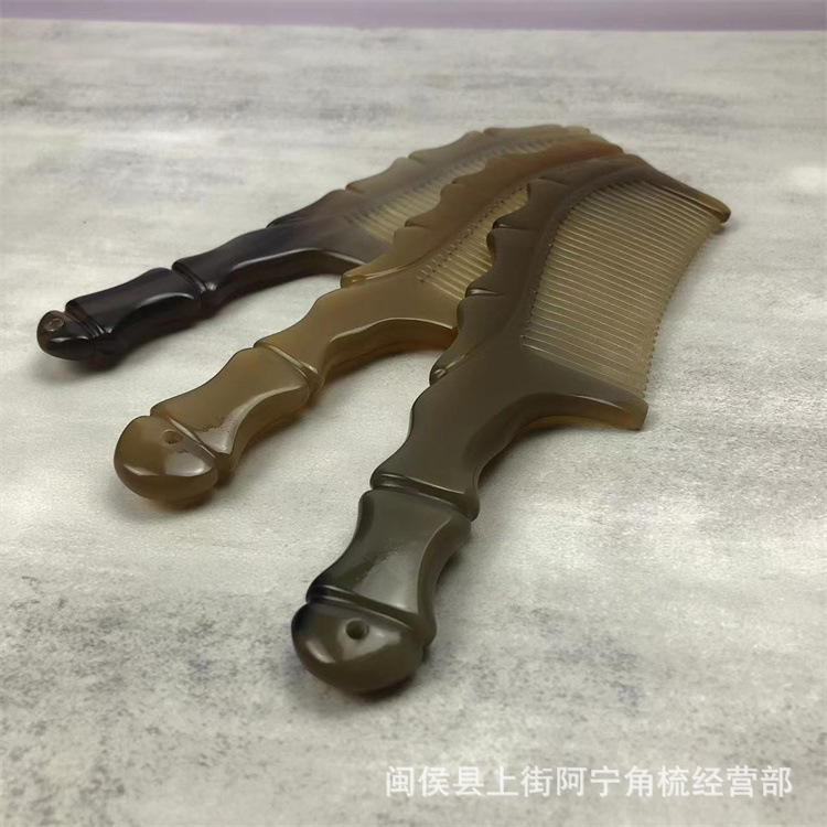 Handmade Horn Comb Bamboo Joint Handle Fine Teeth Carved Thick Round Grip 20cm specifications