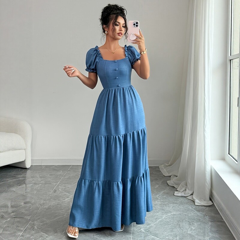 European and American Style French Square-Neck Dress for Women, Puff Sleeves, Waist-Cinching, Slimming, Layered, Long A-Line Dress European and American Style French Square-Neck Dress for Women, Puff Sleeves, Waist-Cinching, Slimming, Layered, Long A-Line Dress