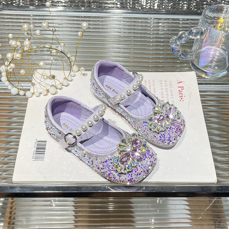 Girls' Elsa Crystal Princess Shoes 2026 Summer New Style Fairy-Like Pearl Flats Children's Rhinestone Single Shoes
