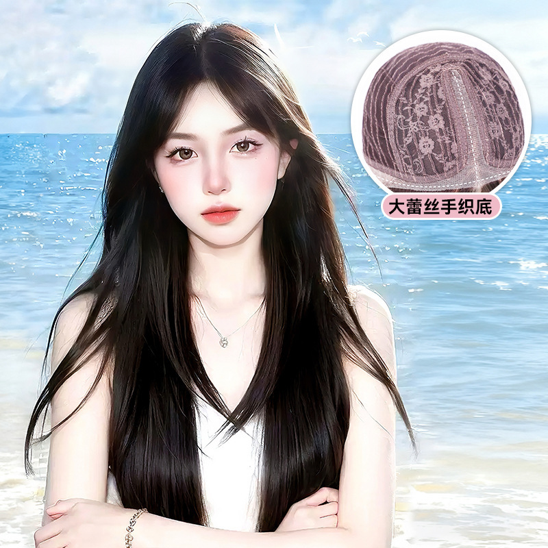 Cross-Border Amazon Best-Selling Wig with Forehead Lace, Long Straight Hair Wig with Bangs, Female Full Headgear, Natural and Breathable